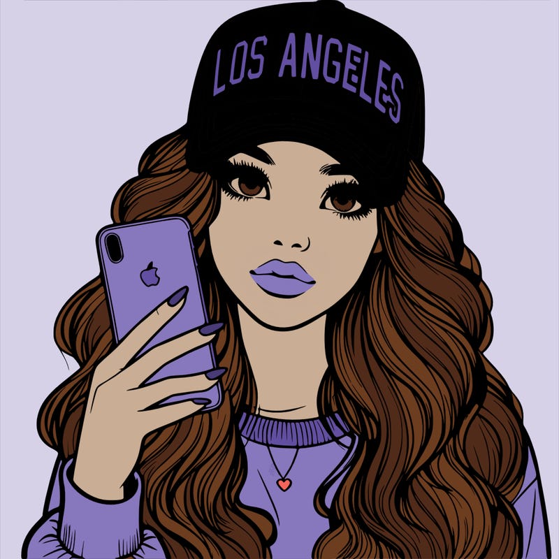 realistic beautiful girl wearing los ángeles cap holding an iphone