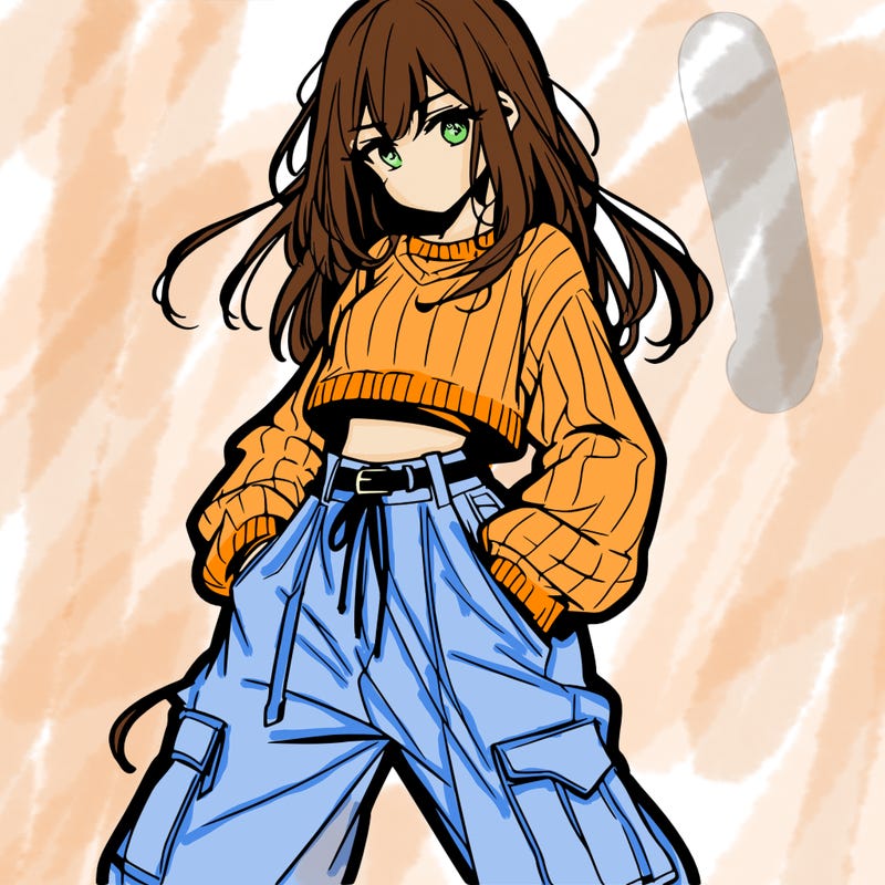 anime teen girl with baggy pants and crop top with sweater