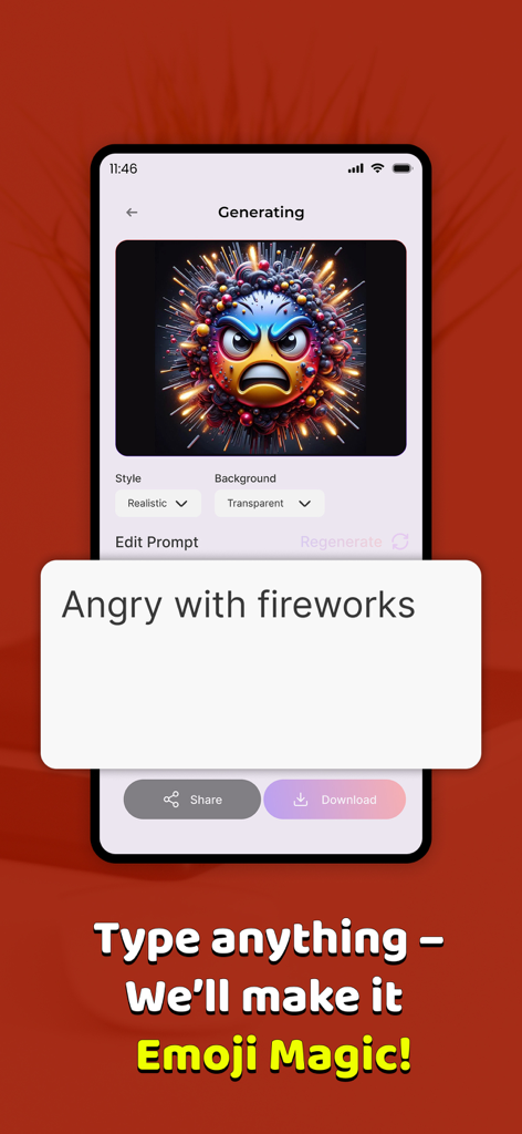 AI Emoji Maker. - A smartphone screen showing the AI Emoji Maker app generating a 3D angry emoji with fireworks based on a user prompt.