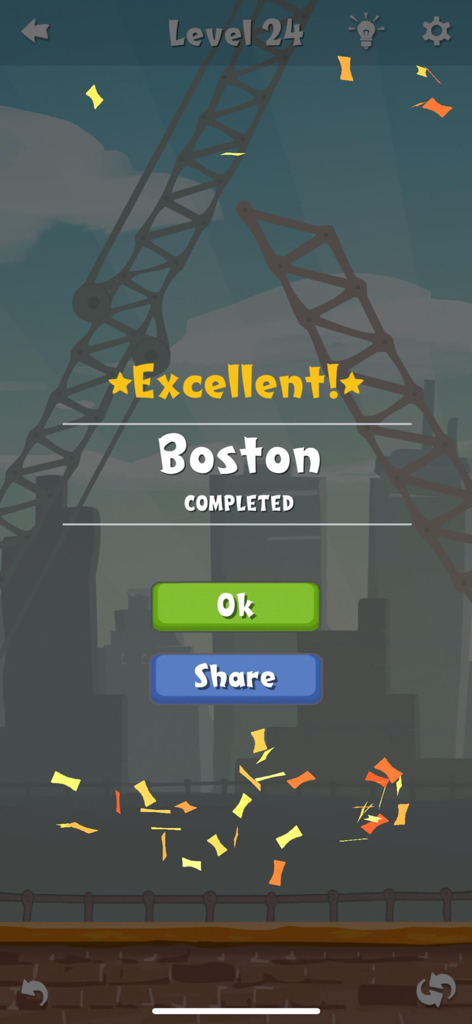 Move the Box - Level 24 completion screen in Move the Box puzzle game with Boston city background