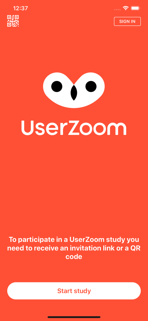 UserZoom Surveys app welcome screen with start study button