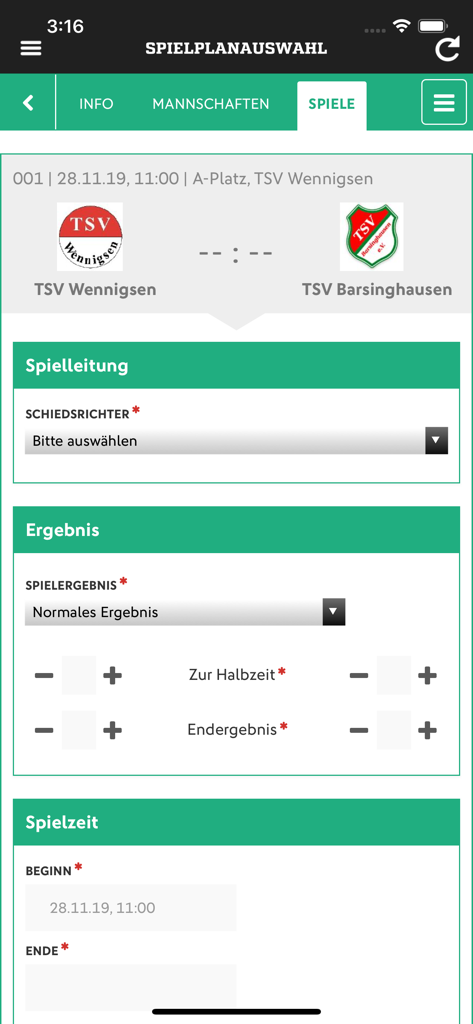 Mobile Benutzeroberfläche der DFBnet-App zur Meldung von Fußballspielergebnissen und Schiedsrichtereinteilungen.