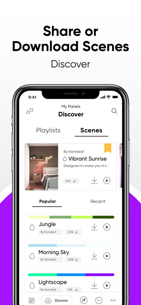 Nanoleaf - Nanoleaf app Discover tab interface showing various community created lighting scenes available for download.