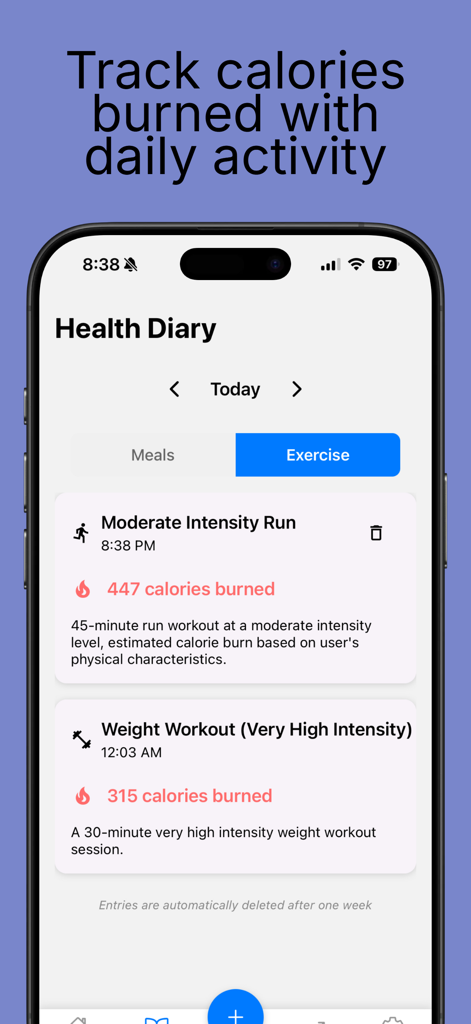 Journal de santé de l'application CalPal montrant les exercices enregistrés et les calories brûlées