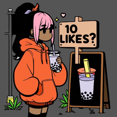 girl with oversized hoodie drinking boba and she has a high ponytail with a sign that says 10likes?