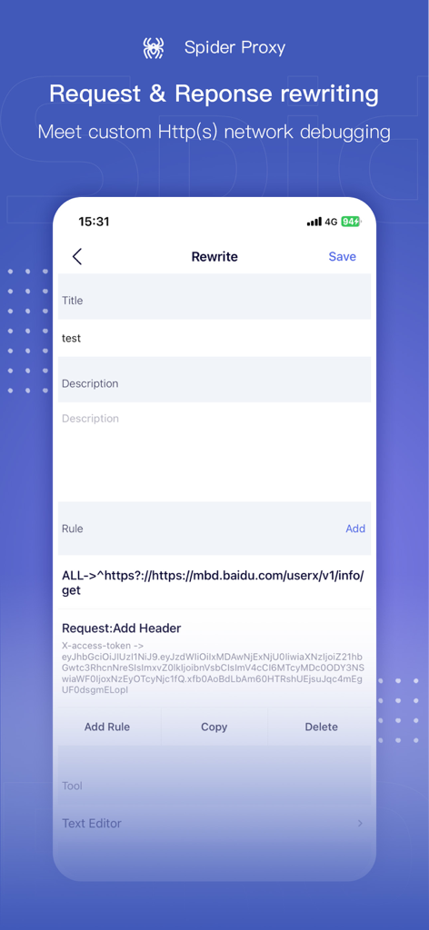 Spider Proxy - HTTP(S) Catcher - 사용자 정의 HTTP 요청 및 응답 재작성 및 네트워크 디버깅을 위한 Spider Proxy 앱 인터페이스.