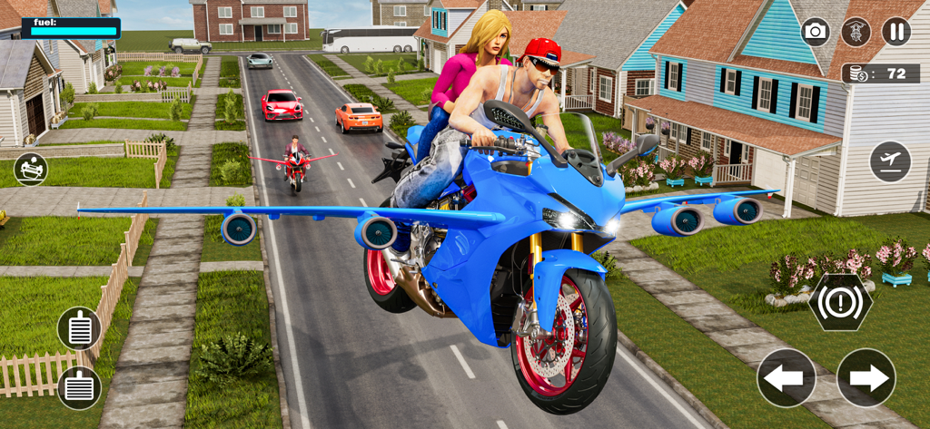 Flying Motorbike: Bike Games - A blue flying motorbike with wings and passengers flying over a suburban neighborhood in a simulator game