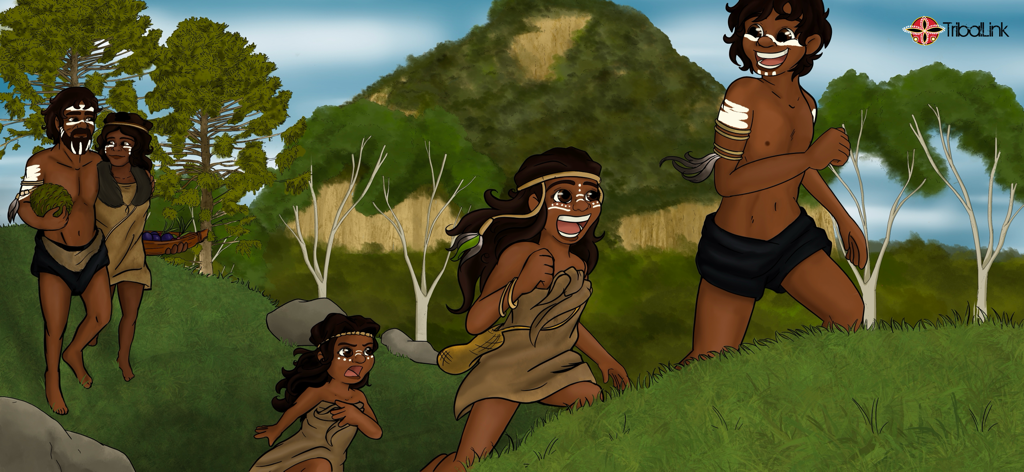 Djaa - Personnages autochtones Kabi Kabi dans un paysage montagneux verdoyant