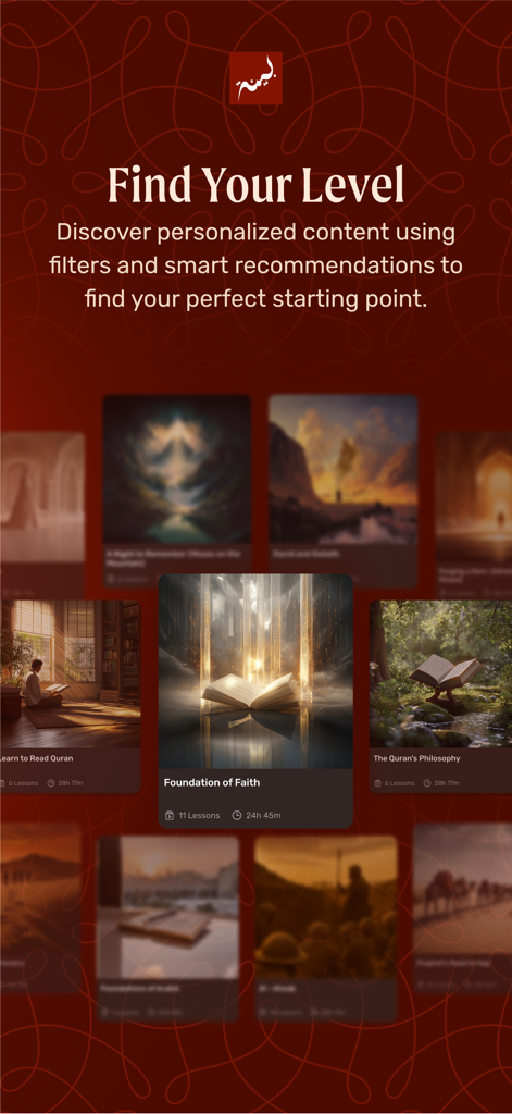 Screenshot of Bayyinah TV app showing the Find Your Level screen with various Islamic and Quranic study course thumbnails like Foundation of Faith.
