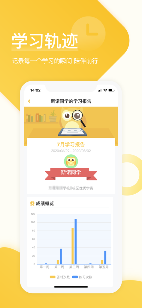 在线助教学生 - Mobile app screen showing a detailed study report with a weekly performance bar chart for English learning