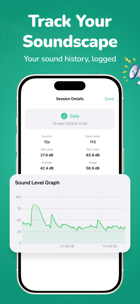 Sound Meter: Noise & dB Meter - Session details screen showing sound level graph and noise history data in decibels