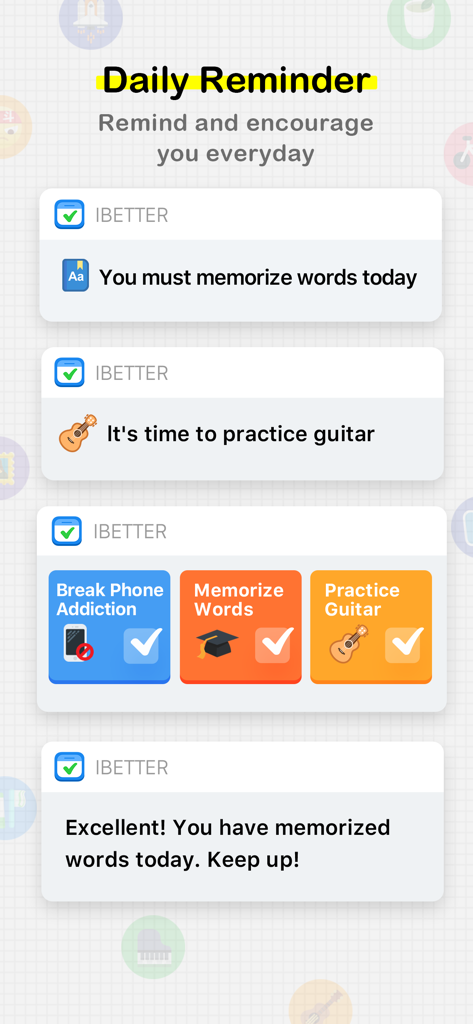 Daily reminder notifications and habit tracking alerts in the iBetter app