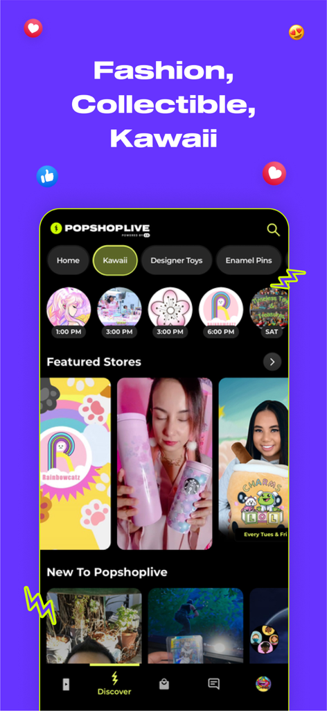 Popshop.live app interface showing live shopping categories for fashion, collectibles, and kawaii items.