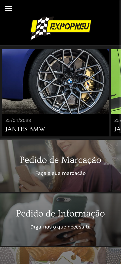 Expopneu - Expopneu mobile app home screen with options for appointment requests, information requests, and tire service promotions.