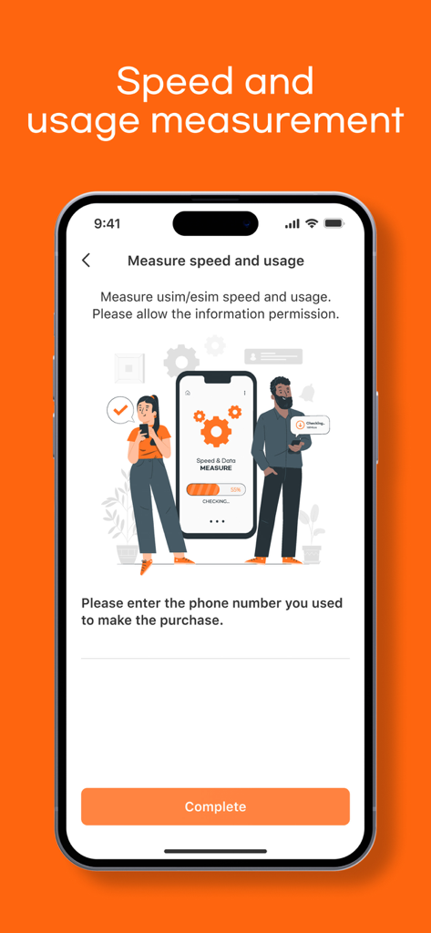 MaaltalkNow: AI Travel, eSIM - Smartphone screen showing the MaaltalkNow speed and usage measurement feature for eSIM data tracking