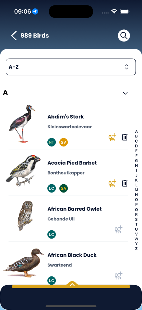 Alphabetische Liste südafrikanischer Vogelarten mit Illustrationen und Namen