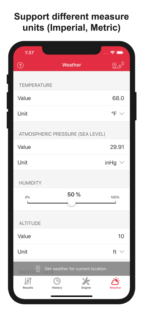 Weather settings screen in the Jetting for Honda CRF app showing customizable measurement units