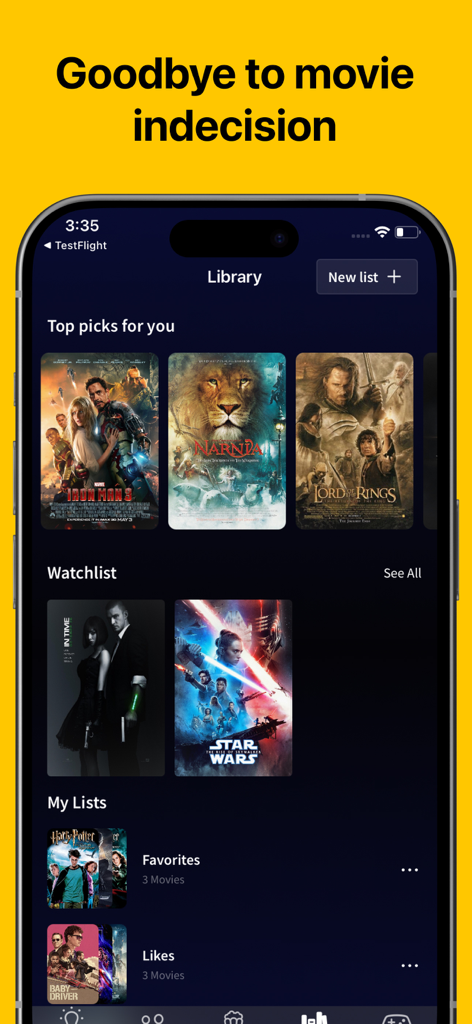 The library screen of the Movie Night app showing top movie picks and user watchlists.