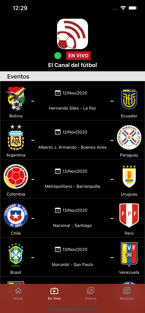 El Canal del Fútbol - El Canal del Futbol app interface showing a list of live soccer match events and schedules