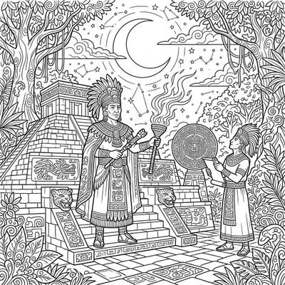 Journey into the heart of ancient Mesoamerica with this captivating coloring page featuring Mayan priests. Witness their sacred night-time ritual under a sky filled with stars and a crescent moon.