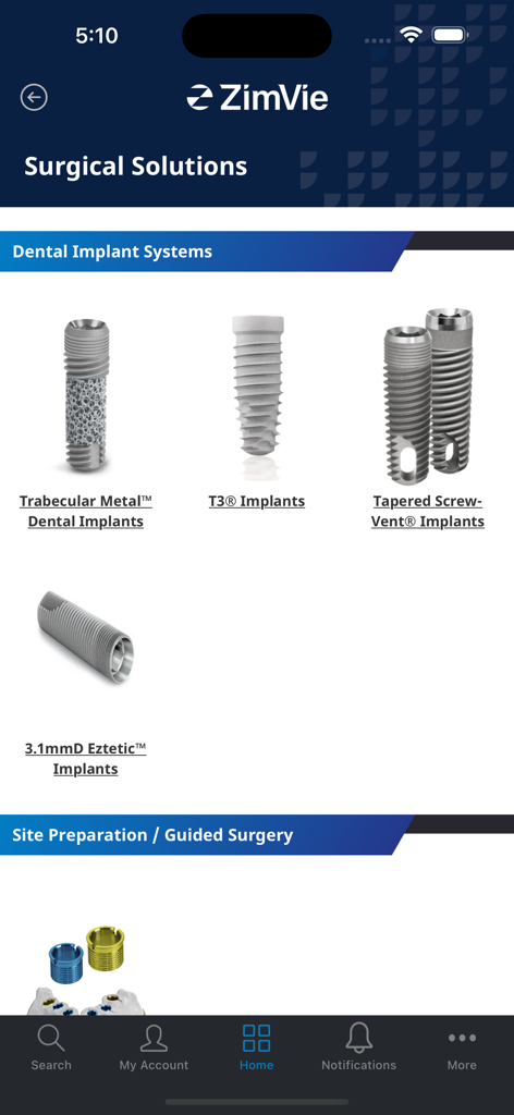 ZimVie Dental Education - ZimVie Dental Education app screen showing a catalog of surgical solutions and dental implant systems including Trabecular Metal and T3 models.