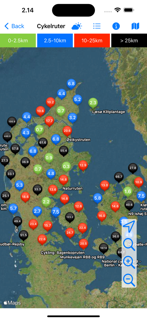 Karte von Dänemark, die Radwege zeigt, kategorisiert nach farblich kodierten Entfernungsmarkierungen