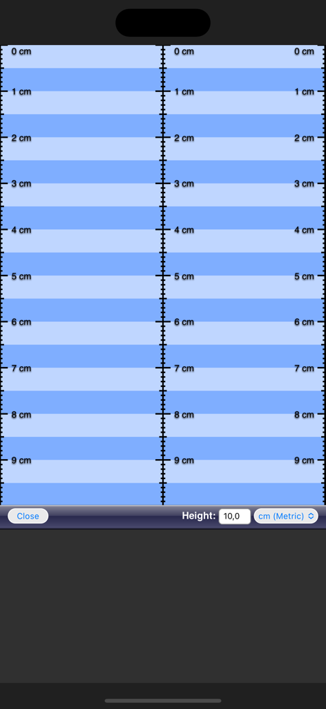 Ruler App - Aplicación de regla digital que muestra una escala métrica en centímetros con rayas azules