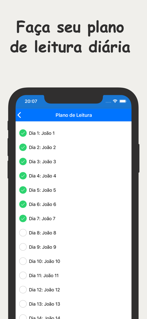 Biblia catolica ave maria - Una pantalla de teléfono móvil mostrando un plan de lectura bíblica diario con marcas de verificación completadas para el Evangelio de Juan