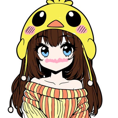 anime girl with chick shaped hat with sweater with bare shoulders with bangs covering them one eye with low tail