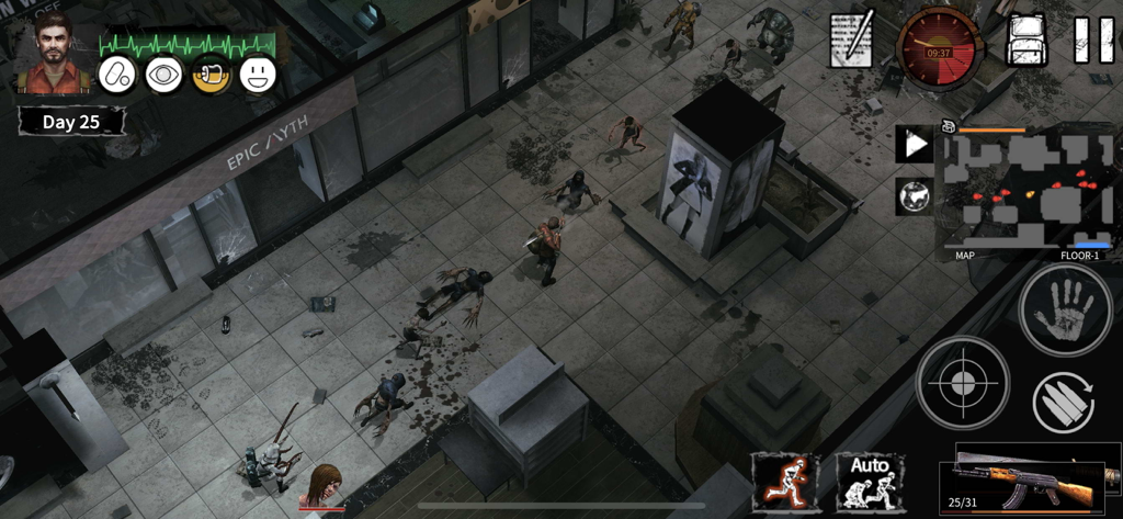 Delivery From the Pain:Survive - Top-down gameplay screenshot of a character navigating a zombie infested urban environment on Day 25