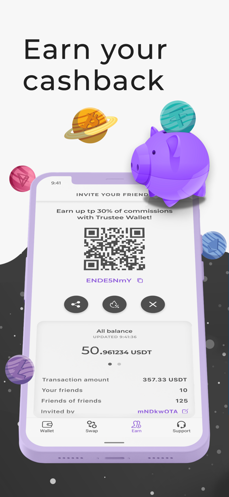 Trustee Wallet bitcoin wallet - Trustee Wallet mobile app screen showing the referral program to earn cashback and commissions with a QR code and balance details.