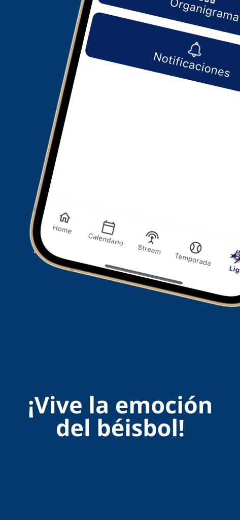 Liga Doble A - Interfaz de la aplicación oficial de béisbol Liga Doble A mostrando el menú de navegación y las notificaciones