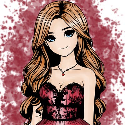 realistic girl with long hair and pretty prom dress