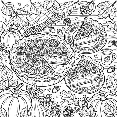 Get ready for a taste of autumn with this delightful pecan pie coloring page! Featuring a full pie, individual slices, and charming fall decorations, it's perfect for a cozy coloring session.