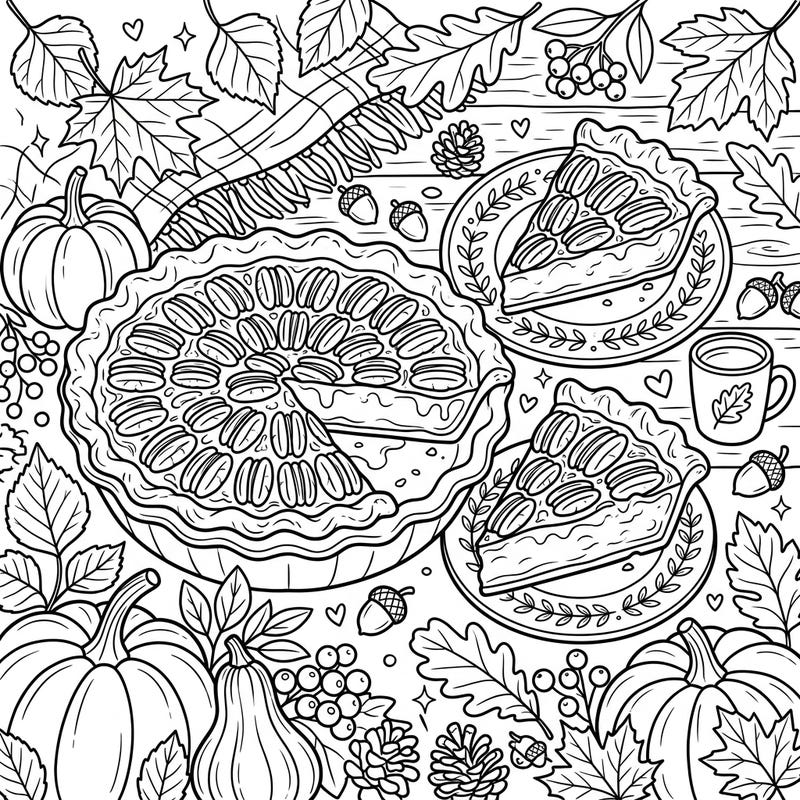 Get ready for a taste of autumn with this delightful pecan pie coloring page! Featuring a full pie, individual slices, and charming fall decorations, it's perfect for a cozy coloring session.
