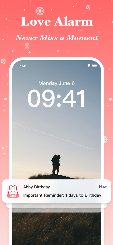 Memories: My Love Days Counter - An iPhone lock screen showing a birthday reminder notification from the Memories app over a photo of a couple
