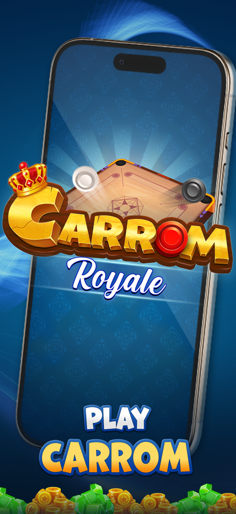 Carrom Royale - Pantalla de título del juego móvil Carrom Royale que muestra el logo del juego, un tablero de carrom digital y un botón de jugar