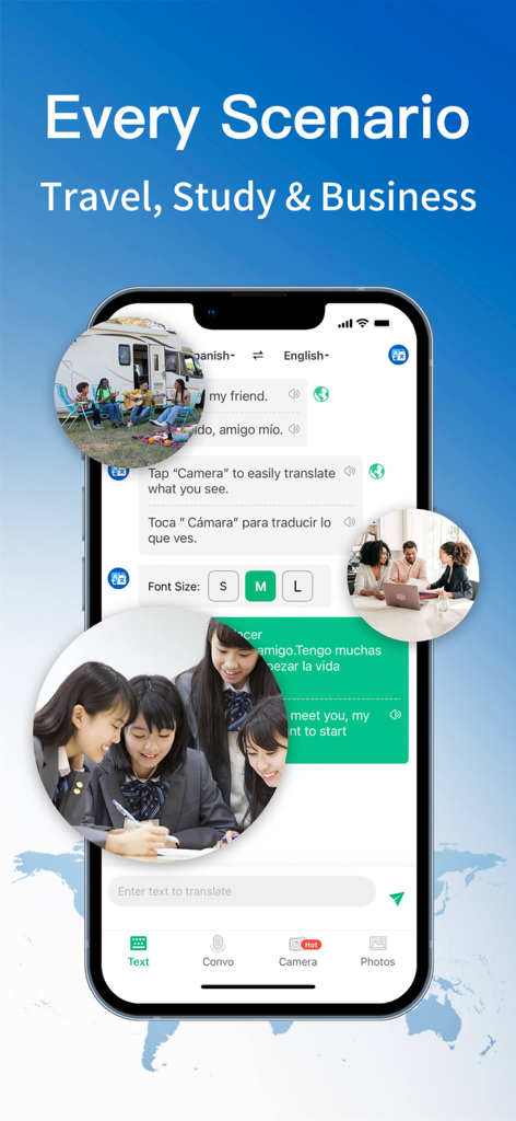 Global Translator-AI Translate - Global Translator app interface highlighting use cases for travel study and business on a smartphone