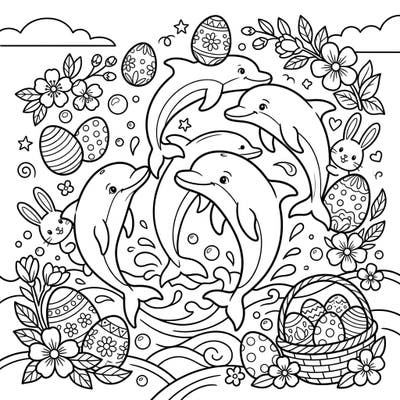 Celebrate Easter with a unique twist! This delightful coloring page features playful dolphins amidst a festive array of decorated eggs, charming bunnies, and blooming spring flowers.