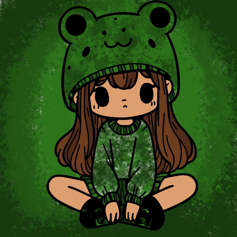 a girl wearing a frog hat and some frog socks