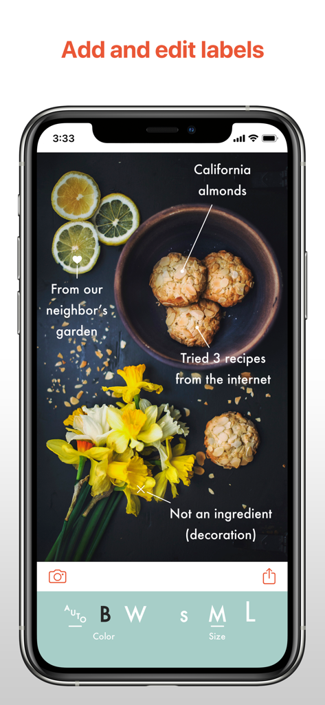 This: Easy Photo Labels - Smartphone screen showing the This app interface with text labels and pointers on a photo of cookies and flowers