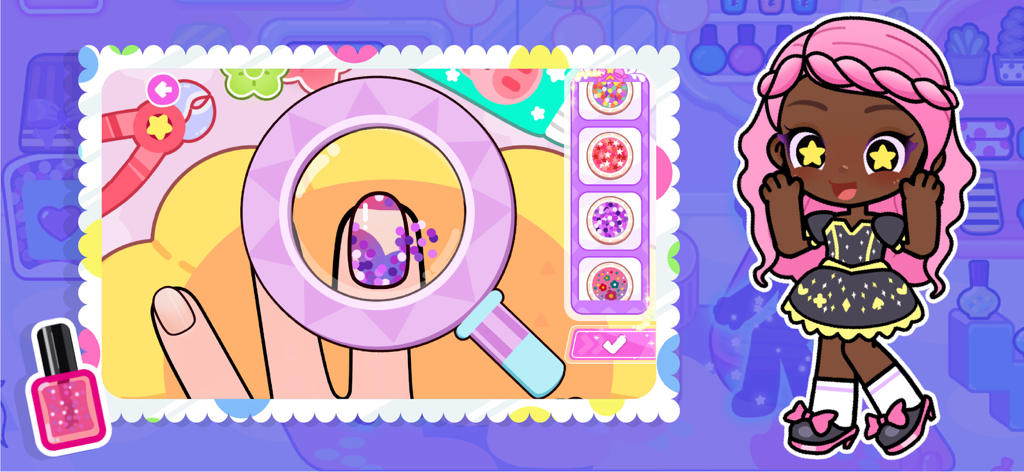 Beauty Salon: Spa & Nail Game - Una schermata di gioco di un salone di unghie per bambini che mostra una lente d'ingrandimento che zooma su un design di unghie glitter viola con un personaggio a cartoni animati