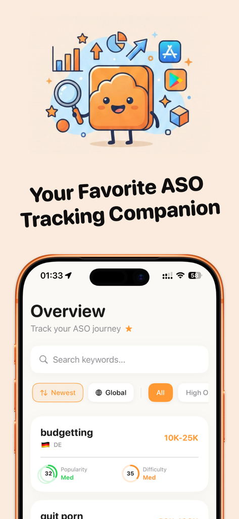 ASO Keyword Tracker: RanklyApp - Tableau de bord mobile RanklyApp affichant la popularité et les métriques de difficulté des mots-clés pour l'optimisation de l'App Store