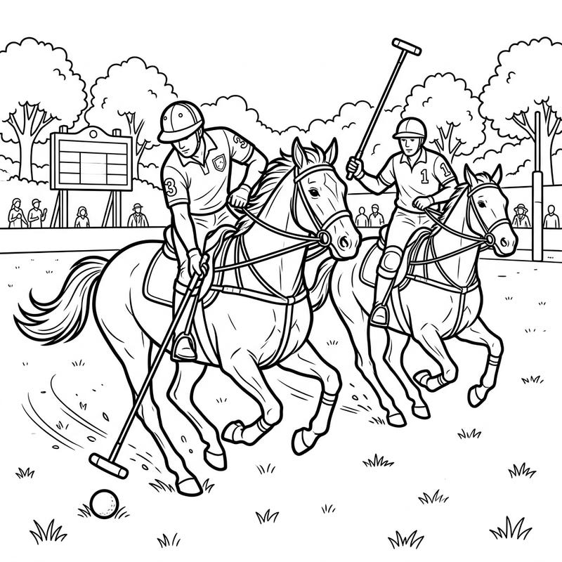 Immerse yourself in the exhilarating world of polo with this dynamic coloring page, thoughtfully designed for seniors. Featuring clear outlines and engaging action, it offers a relaxing and accessible creative experience for all skill levels.