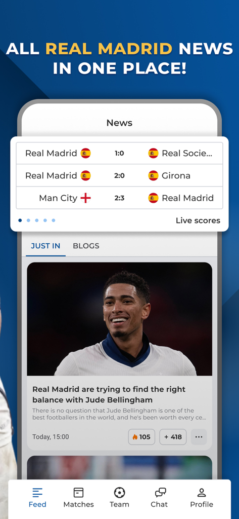 Madrid Live - For Real Fans - Interfaccia dell'app Madrid Live che mostra i risultati in diretta del calcio e un articolo di notizie con Jude Bellingham.