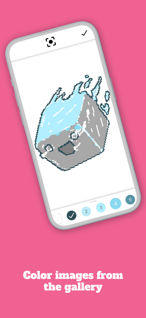 Ein Smartphone-Bildschirm, der eine Pixel-Art-Figur zum Ausmalen mit einer nummerierten Farbpalette unten zeigt.