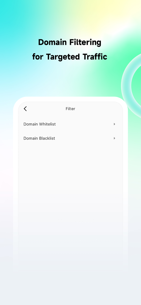 Domain filtering screen in Stream HTTP Sniffer app showing whitelist and blacklist options