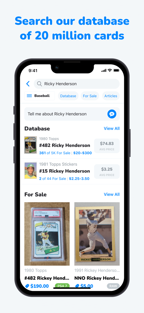 CollX: Sports Card Scanner - CollX app screen showing baseball card search results for Rickey Henderson with market prices and listings for sale