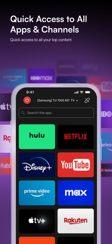 Tela do smartphone exibindo o aplicativo Conectar TV Remoto com ícones de acesso rápido para serviços de streaming populares como Netflix e Hulu.