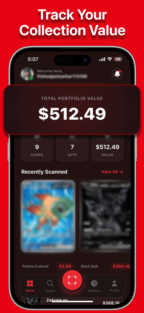 A mobile app screen showing a total TCG card collection value of five hundred twelve dollars with a list of recently scanned cards.